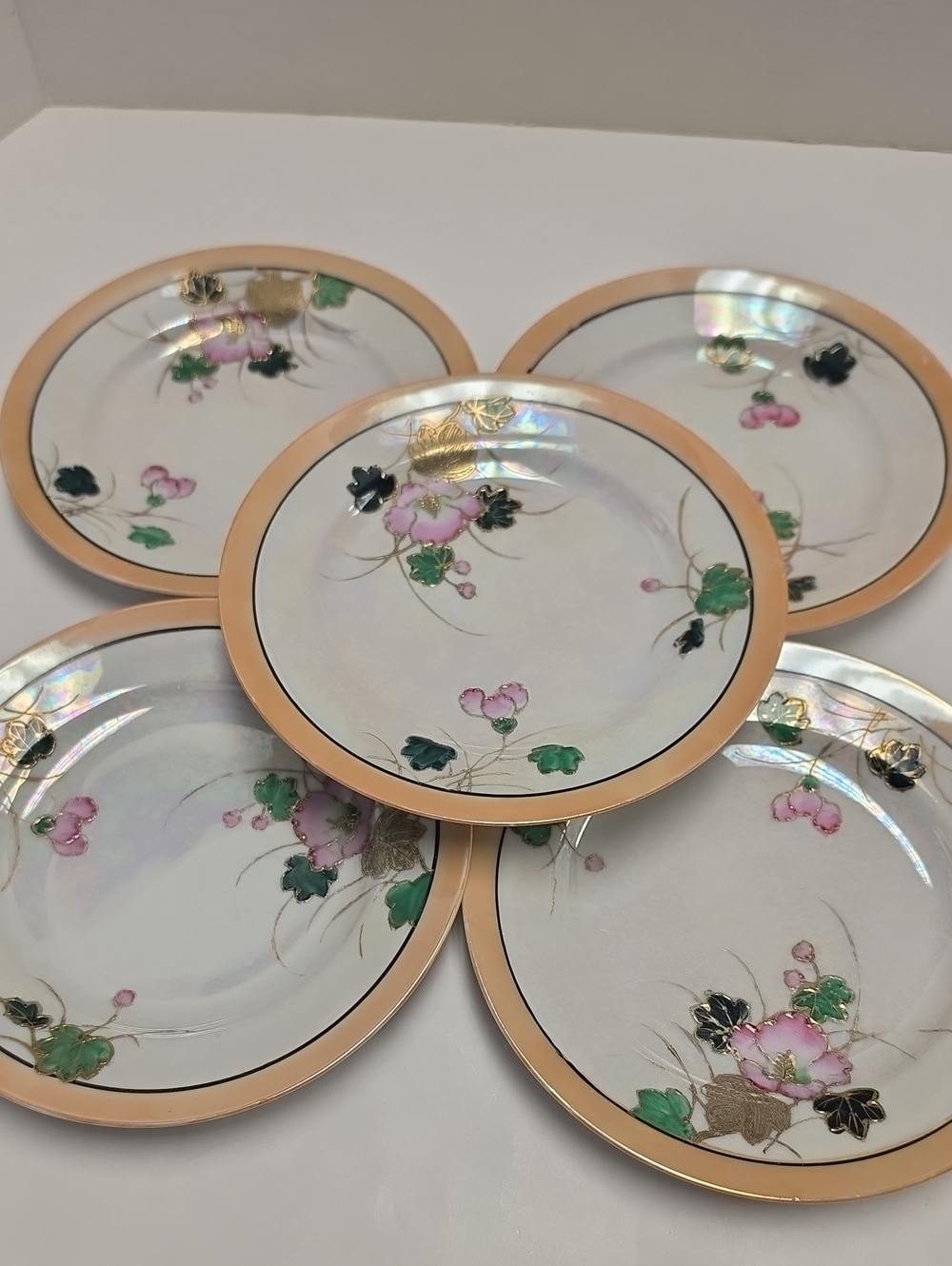 Iridescent Floral Dessert Plates with Pink and Green Accents